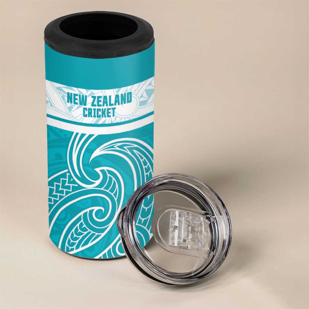 New Zealand Silver Fern Cricket Custom 4 in 1 Can Cooler Tumbler Black Cap Teal Maori Pattern - Aussie Hoodie