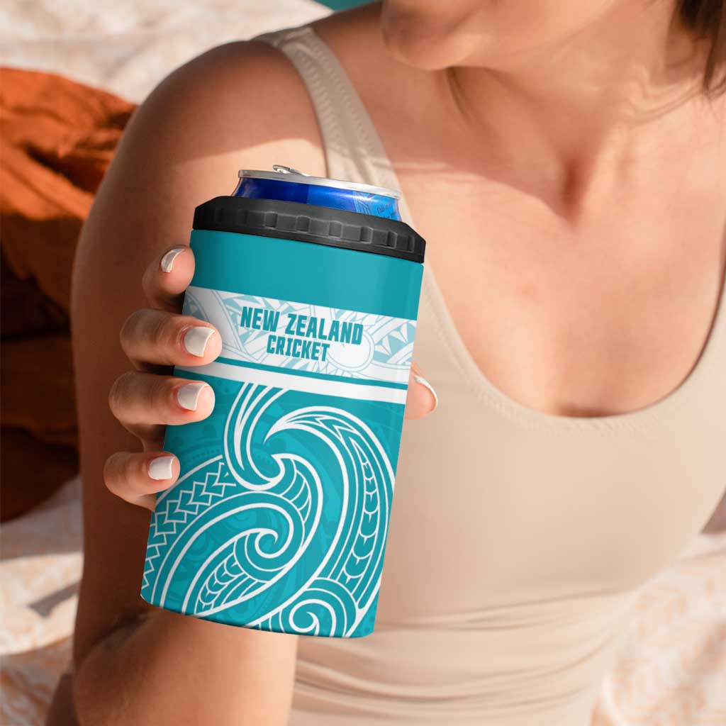New Zealand Silver Fern Cricket Custom 4 in 1 Can Cooler Tumbler Black Cap Teal Maori Pattern - Aussie Hoodie