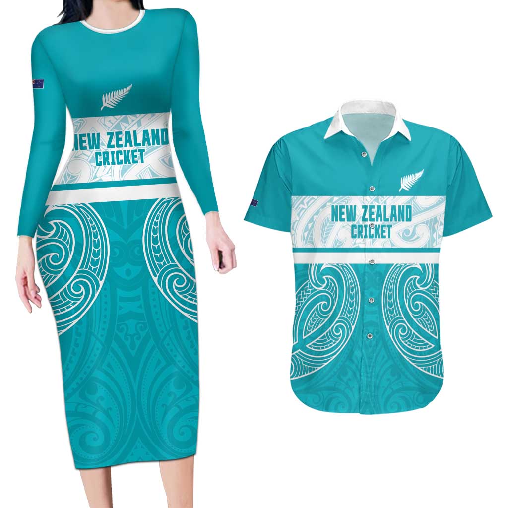 New Zealand Silver Fern Cricket Custom Couples Matching Long Sleeve Bodycon Dress and Hawaiian Shirt Black Cap Teal Maori Pattern - Aussie Hoodie