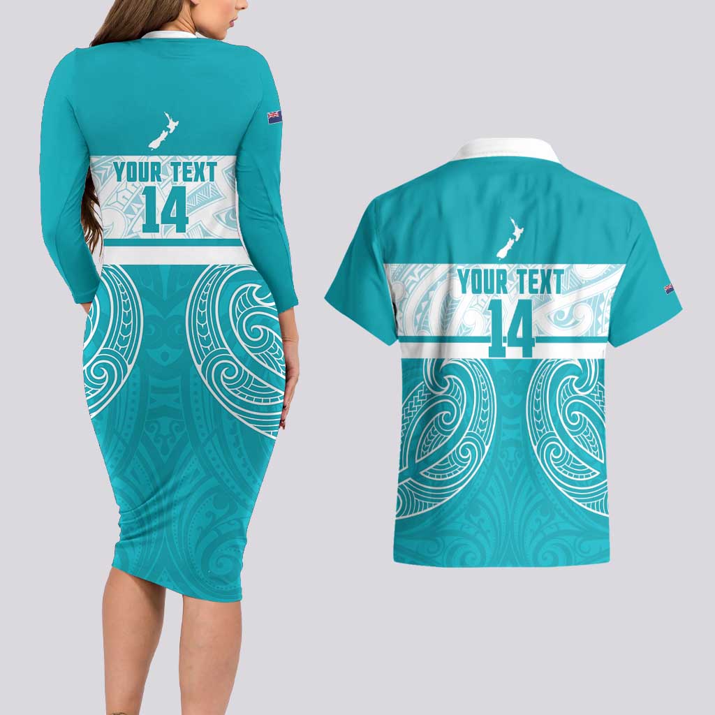 New Zealand Silver Fern Cricket Custom Couples Matching Long Sleeve Bodycon Dress and Hawaiian Shirt Black Cap Teal Maori Pattern - Aussie Hoodie