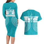 New Zealand Silver Fern Cricket Custom Couples Matching Long Sleeve Bodycon Dress and Hawaiian Shirt Black Cap Teal Maori Pattern - Aussie Hoodie