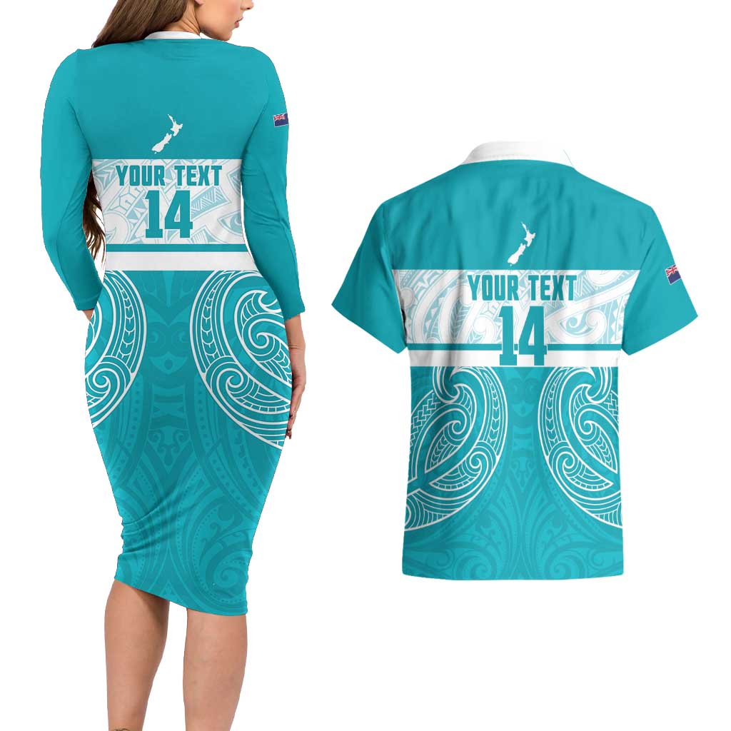 New Zealand Silver Fern Cricket Custom Couples Matching Long Sleeve Bodycon Dress and Hawaiian Shirt Black Cap Teal Maori Pattern - Aussie Hoodie