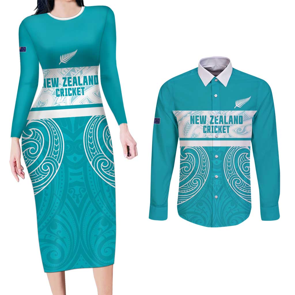 New Zealand Silver Fern Cricket Custom Couples Matching Long Sleeve Bodycon Dress and Long Sleeve Button Shirt Black Cap Teal Maori Pattern - Aussie Hoodie