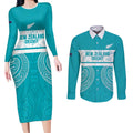 New Zealand Silver Fern Cricket Custom Couples Matching Long Sleeve Bodycon Dress and Long Sleeve Button Shirt Black Cap Teal Maori Pattern - Aussie Hoodie