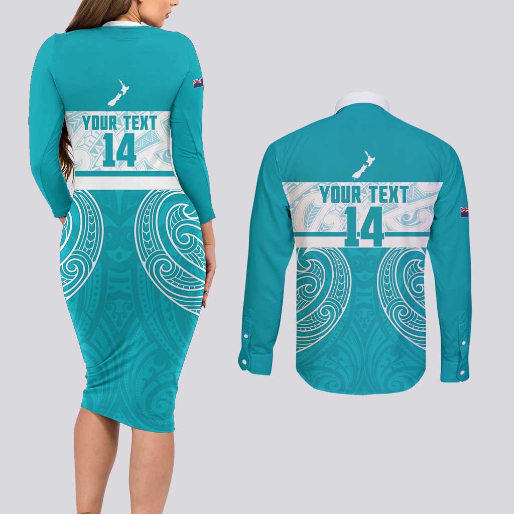 New Zealand Silver Fern Cricket Custom Couples Matching Long Sleeve Bodycon Dress and Long Sleeve Button Shirt Black Cap Teal Maori Pattern - Aussie Hoodie