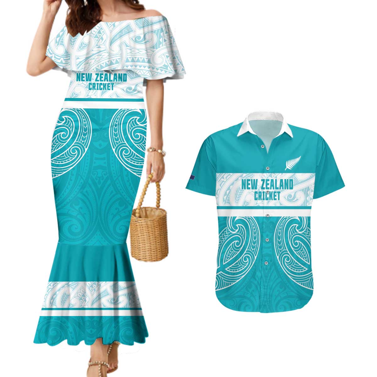 New Zealand Silver Fern Cricket Custom Couples Matching Mermaid Dress and Hawaiian Shirt Black Cap Teal Maori Pattern - Aussie Hoodie