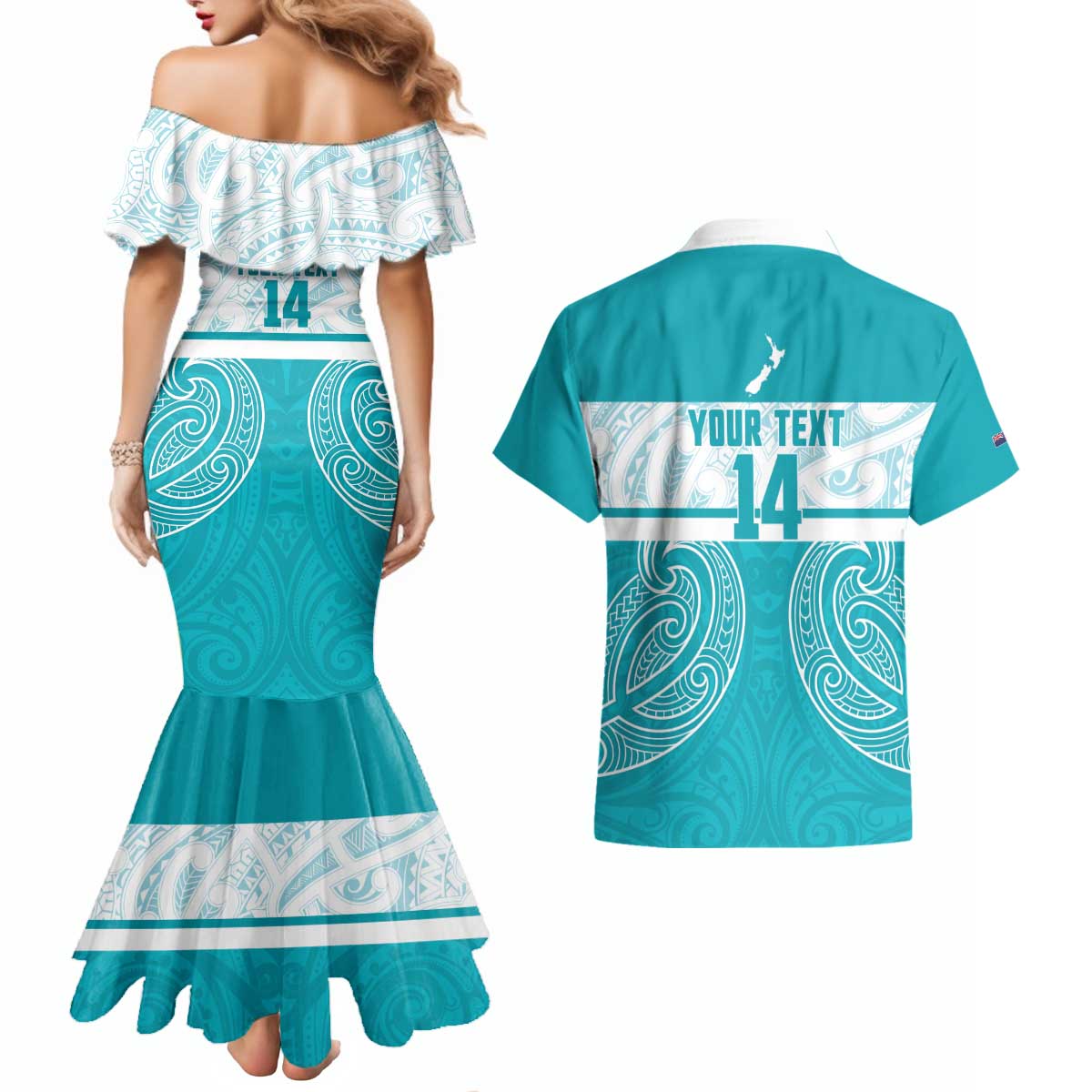 New Zealand Silver Fern Cricket Custom Couples Matching Mermaid Dress and Hawaiian Shirt Black Cap Teal Maori Pattern - Aussie Hoodie