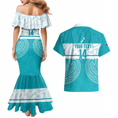 New Zealand Silver Fern Cricket Custom Couples Matching Mermaid Dress and Hawaiian Shirt Black Cap Teal Maori Pattern - Aussie Hoodie