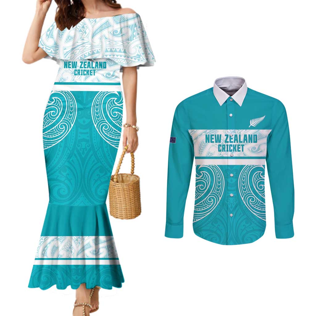 New Zealand Silver Fern Cricket Custom Couples Matching Mermaid Dress and Long Sleeve Button Shirt Black Cap Teal Maori Pattern - Aussie Hoodie