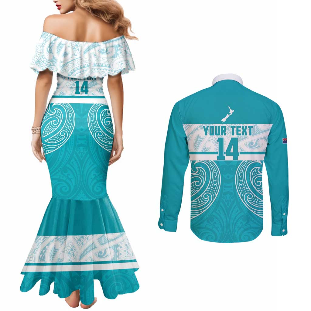 New Zealand Silver Fern Cricket Custom Couples Matching Mermaid Dress and Long Sleeve Button Shirt Black Cap Teal Maori Pattern - Aussie Hoodie