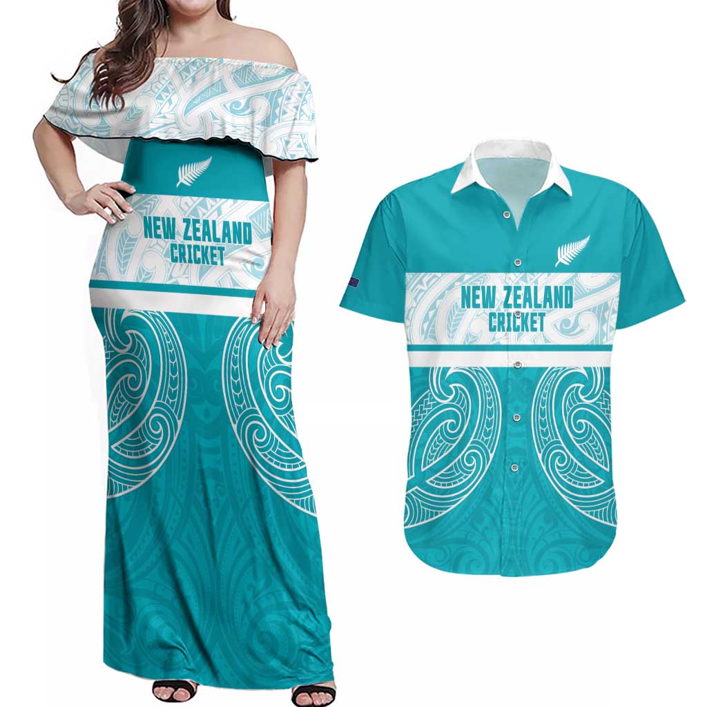 New Zealand Silver Fern Cricket Custom Couples Matching Off Shoulder Maxi Dress and Hawaiian Shirt Black Cap Teal Maori Pattern - Aussie Hoodie
