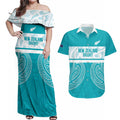 New Zealand Silver Fern Cricket Custom Couples Matching Off Shoulder Maxi Dress and Hawaiian Shirt Black Cap Teal Maori Pattern - Aussie Hoodie