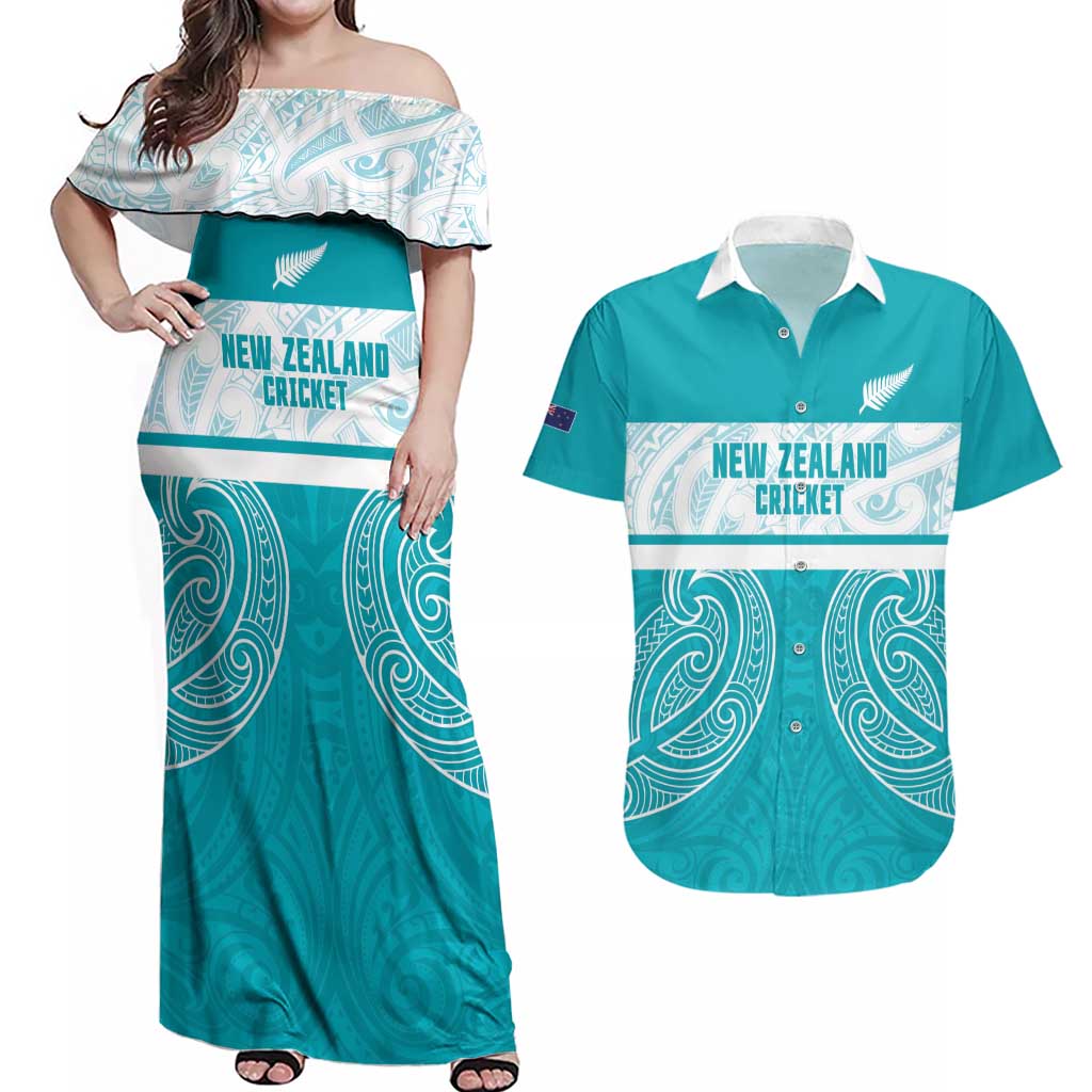New Zealand Silver Fern Cricket Custom Couples Matching Off Shoulder Maxi Dress and Hawaiian Shirt Black Cap Teal Maori Pattern - Aussie Hoodie