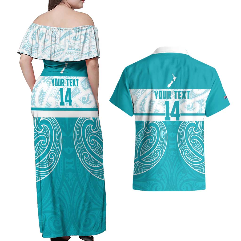 New Zealand Silver Fern Cricket Custom Couples Matching Off Shoulder Maxi Dress and Hawaiian Shirt Black Cap Teal Maori Pattern - Aussie Hoodie