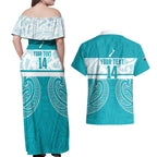 New Zealand Silver Fern Cricket Custom Couples Matching Off Shoulder Maxi Dress and Hawaiian Shirt Black Cap Teal Maori Pattern - Aussie Hoodie