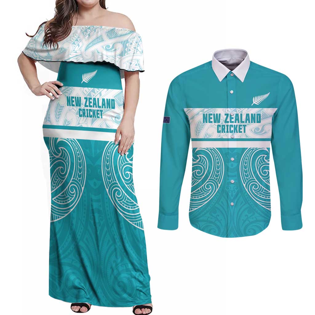 New Zealand Silver Fern Cricket Custom Couples Matching Off Shoulder Maxi Dress and Long Sleeve Button Shirt Black Cap Teal Maori Pattern - Aussie Hoodie