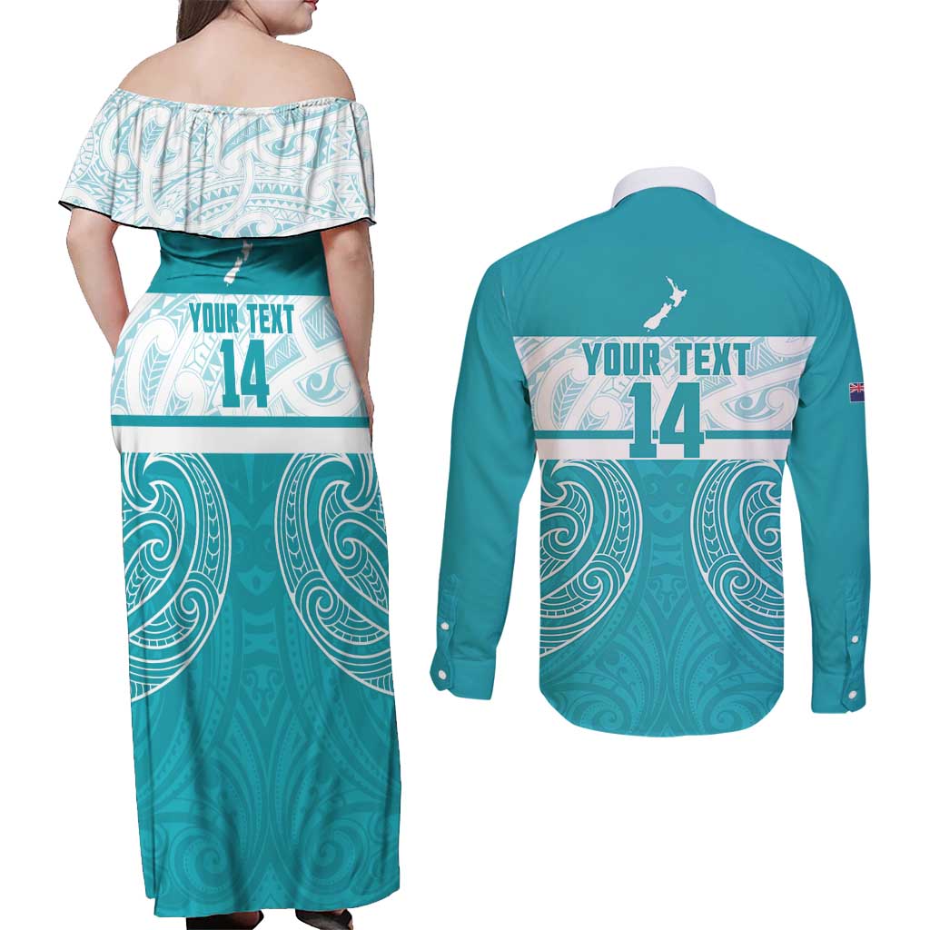 New Zealand Silver Fern Cricket Custom Couples Matching Off Shoulder Maxi Dress and Long Sleeve Button Shirt Black Cap Teal Maori Pattern - Aussie Hoodie