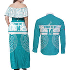 New Zealand Silver Fern Cricket Custom Couples Matching Off Shoulder Maxi Dress and Long Sleeve Button Shirt Black Cap Teal Maori Pattern - Aussie Hoodie