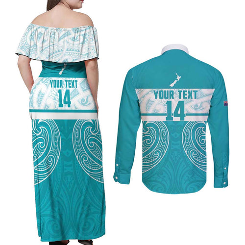 New Zealand Silver Fern Cricket Custom Couples Matching Off Shoulder Maxi Dress and Long Sleeve Button Shirt Black Cap Teal Maori Pattern - Aussie Hoodie