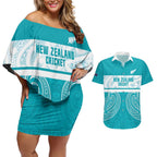 New Zealand Silver Fern Cricket Custom Couples Matching Off Shoulder Short Dress and Hawaiian Shirt Black Cap Teal Maori Pattern - Aussie Hoodie