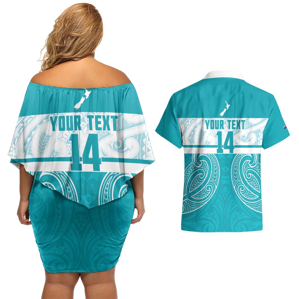 New Zealand Silver Fern Cricket Custom Couples Matching Off Shoulder Short Dress and Hawaiian Shirt Black Cap Teal Maori Pattern - Aussie Hoodie