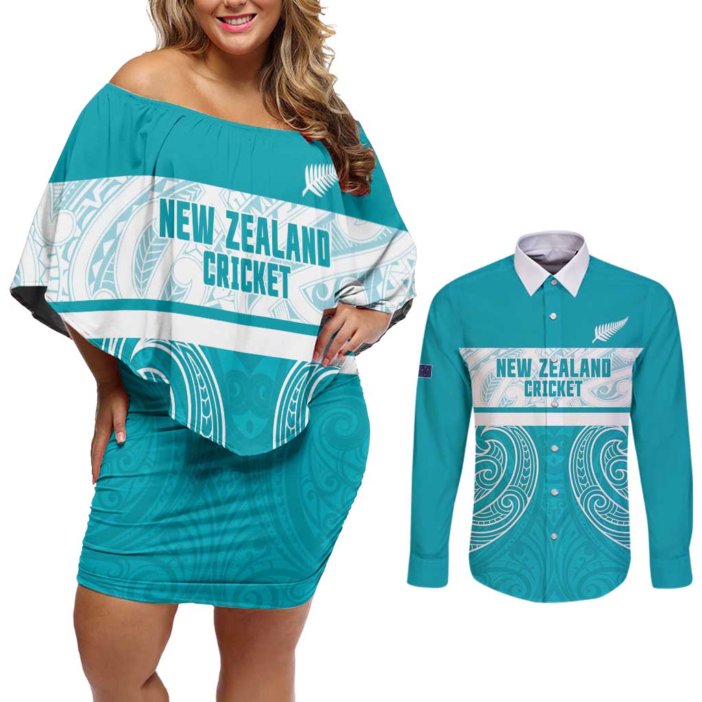 New Zealand Silver Fern Cricket Custom Couples Matching Off Shoulder Short Dress and Long Sleeve Button Shirt Black Cap Teal Maori Pattern - Aussie Hoodie