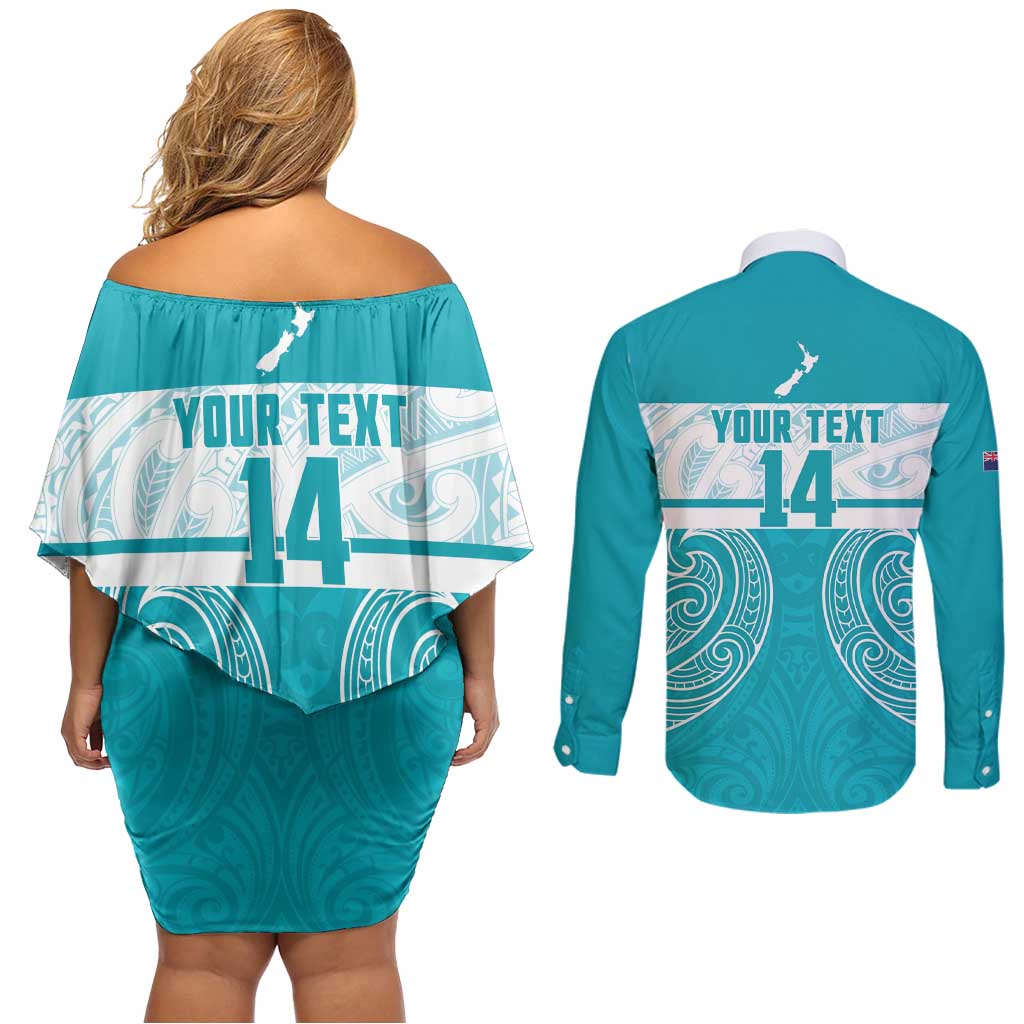 New Zealand Silver Fern Cricket Custom Couples Matching Off Shoulder Short Dress and Long Sleeve Button Shirt Black Cap Teal Maori Pattern - Aussie Hoodie