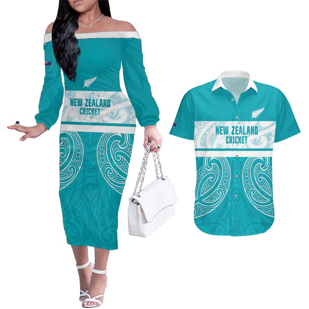 New Zealand Silver Fern Cricket Custom Couples Matching Off The Shoulder Long Sleeve Dress and Hawaiian Shirt Black Cap Teal Maori Pattern - Aussie Hoodie