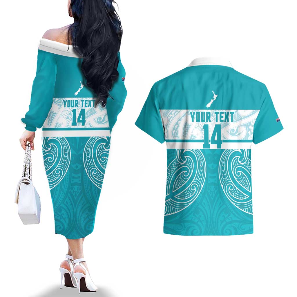 New Zealand Silver Fern Cricket Custom Couples Matching Off The Shoulder Long Sleeve Dress and Hawaiian Shirt Black Cap Teal Maori Pattern - Aussie Hoodie