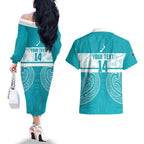 New Zealand Silver Fern Cricket Custom Couples Matching Off The Shoulder Long Sleeve Dress and Hawaiian Shirt Black Cap Teal Maori Pattern - Aussie Hoodie