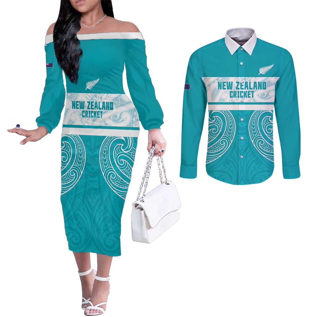 New Zealand Silver Fern Cricket Custom Couples Matching Off The Shoulder Long Sleeve Dress and Long Sleeve Button Shirt Black Cap Teal Maori Pattern - Aussie Hoodie