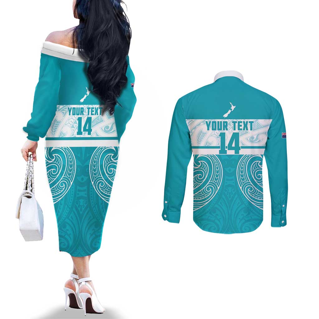 New Zealand Silver Fern Cricket Custom Couples Matching Off The Shoulder Long Sleeve Dress and Long Sleeve Button Shirt Black Cap Teal Maori Pattern - Aussie Hoodie