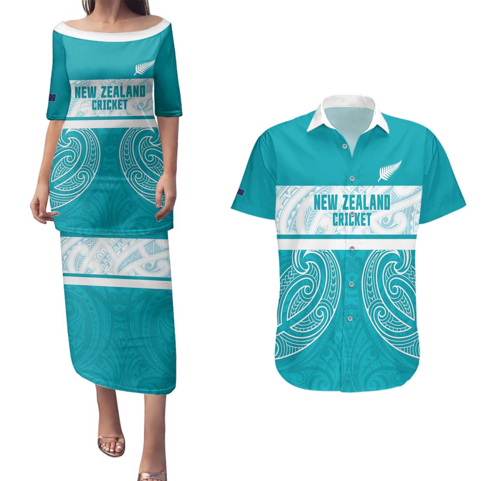 New Zealand Silver Fern Cricket Custom Couples Matching Puletasi and Hawaiian Shirt Black Cap Teal Maori Pattern - Aussie Hoodie