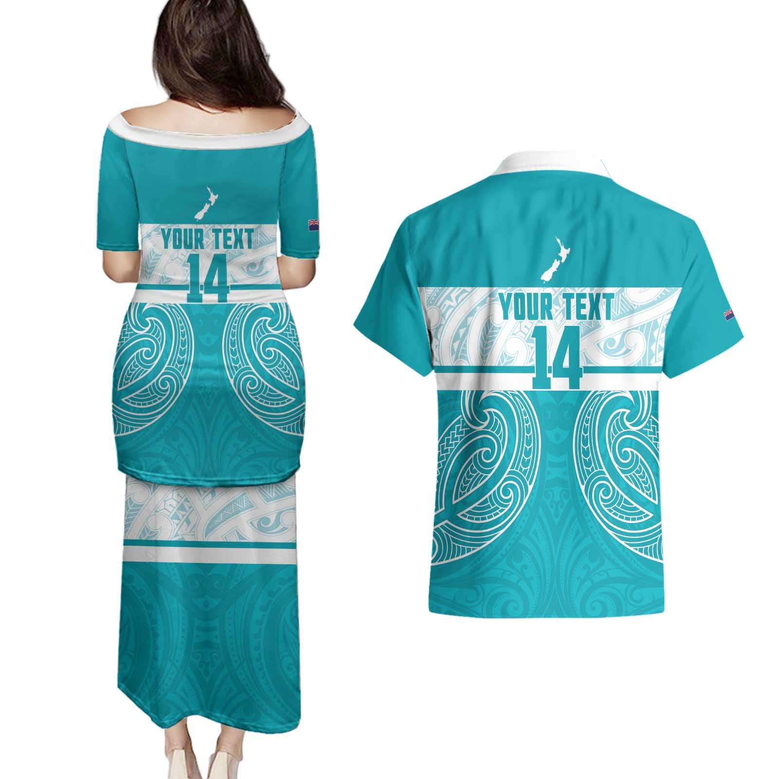 New Zealand Silver Fern Cricket Custom Couples Matching Puletasi and Hawaiian Shirt Black Cap Teal Maori Pattern - Aussie Hoodie