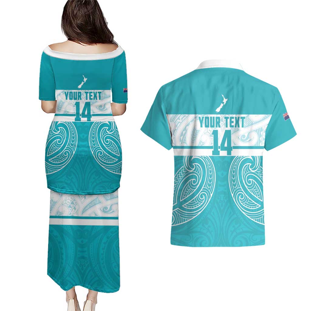 New Zealand Silver Fern Cricket Custom Couples Matching Puletasi and Hawaiian Shirt Black Cap Teal Maori Pattern - Aussie Hoodie