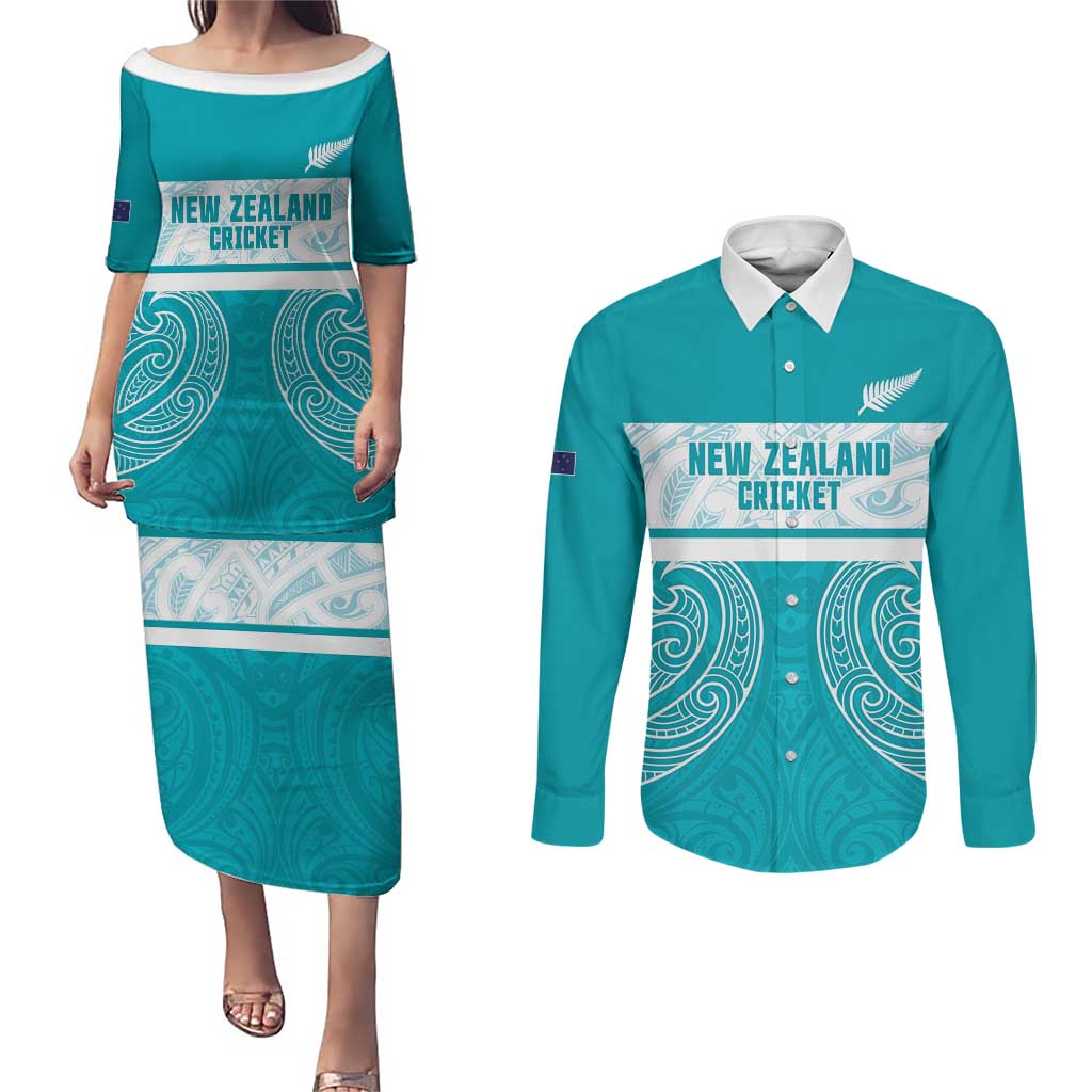 New Zealand Silver Fern Cricket Custom Couples Matching Puletasi and Long Sleeve Button Shirt Black Cap Teal Maori Pattern - Aussie Hoodie