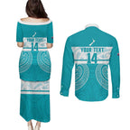 New Zealand Silver Fern Cricket Custom Couples Matching Puletasi and Long Sleeve Button Shirt Black Cap Teal Maori Pattern - Aussie Hoodie