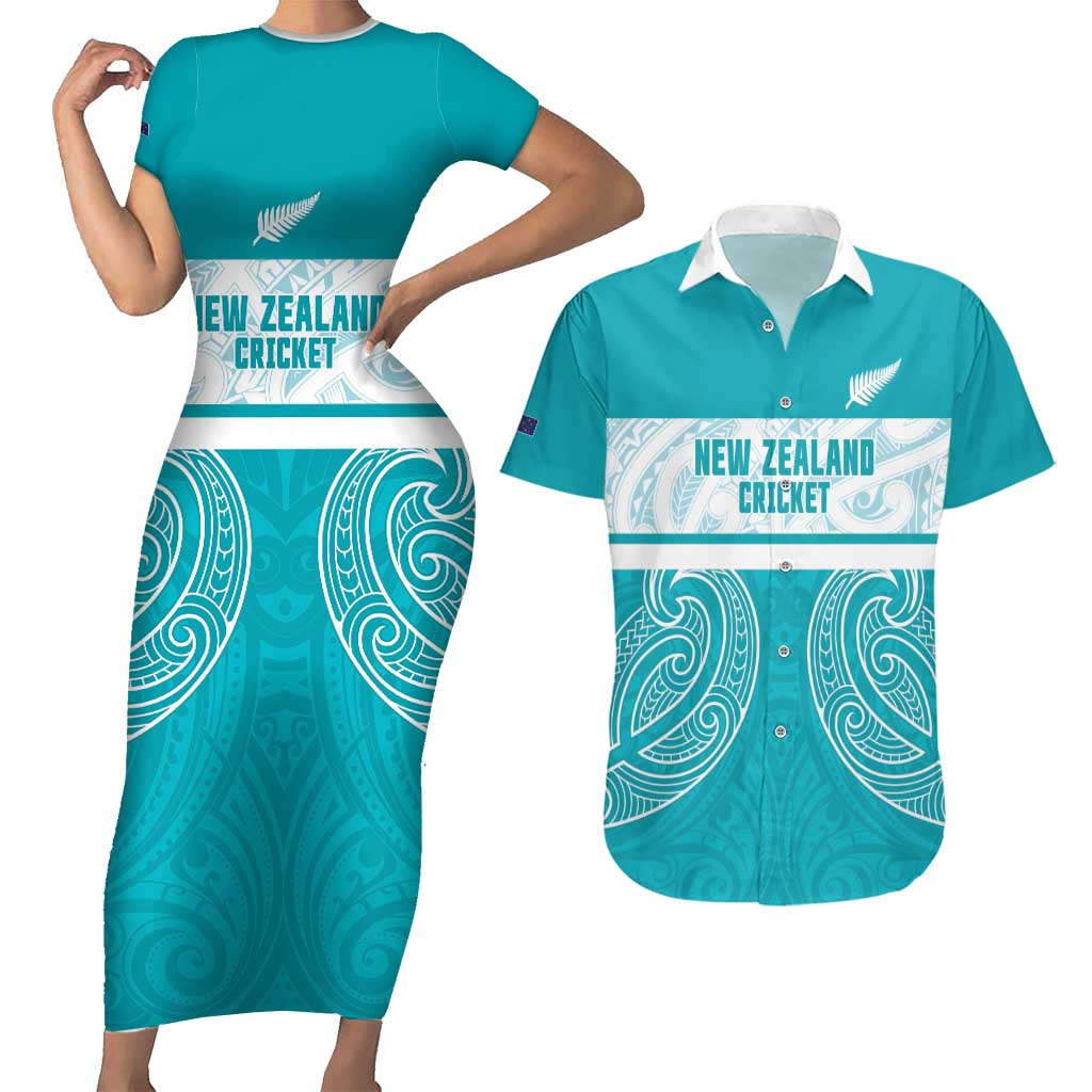 New Zealand Silver Fern Cricket Custom Couples Matching Short Sleeve Bodycon Dress and Hawaiian Shirt Black Cap Teal Maori Pattern - Aussie Hoodie