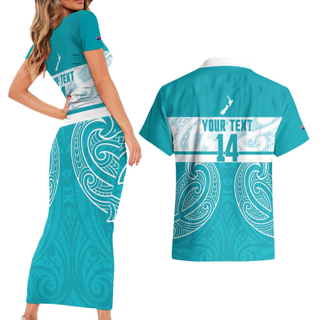 New Zealand Silver Fern Cricket Custom Couples Matching Short Sleeve Bodycon Dress and Hawaiian Shirt Black Cap Teal Maori Pattern - Aussie Hoodie