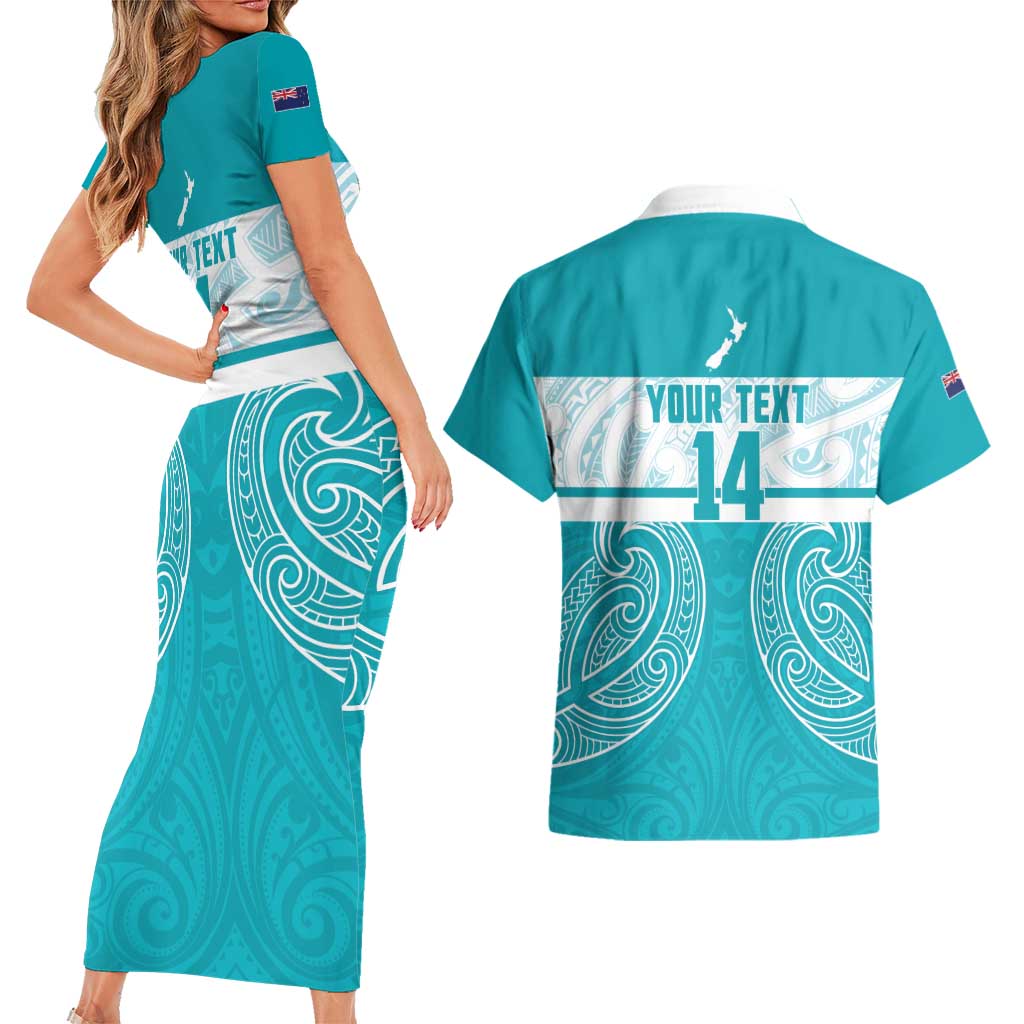 New Zealand Silver Fern Cricket Custom Couples Matching Short Sleeve Bodycon Dress and Hawaiian Shirt Black Cap Teal Maori Pattern - Aussie Hoodie