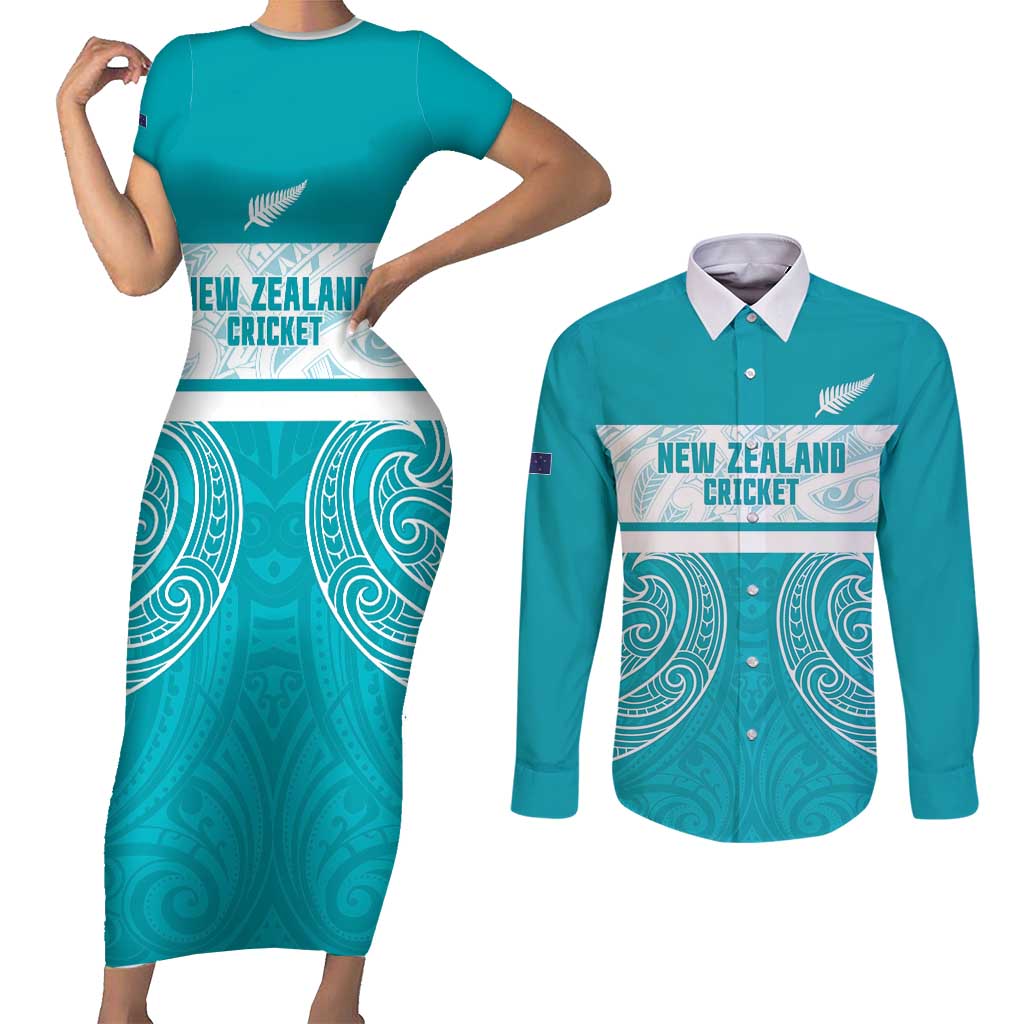 New Zealand Silver Fern Cricket Custom Couples Matching Short Sleeve Bodycon Dress and Long Sleeve Button Shirt Black Cap Teal Maori Pattern - Aussie Hoodie