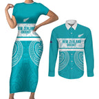 New Zealand Silver Fern Cricket Custom Couples Matching Short Sleeve Bodycon Dress and Long Sleeve Button Shirt Black Cap Teal Maori Pattern - Aussie Hoodie