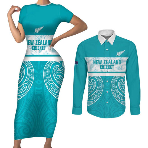 New Zealand Silver Fern Cricket Custom Couples Matching Short Sleeve Bodycon Dress and Long Sleeve Button Shirt Black Cap Teal Maori Pattern - Aussie Hoodie