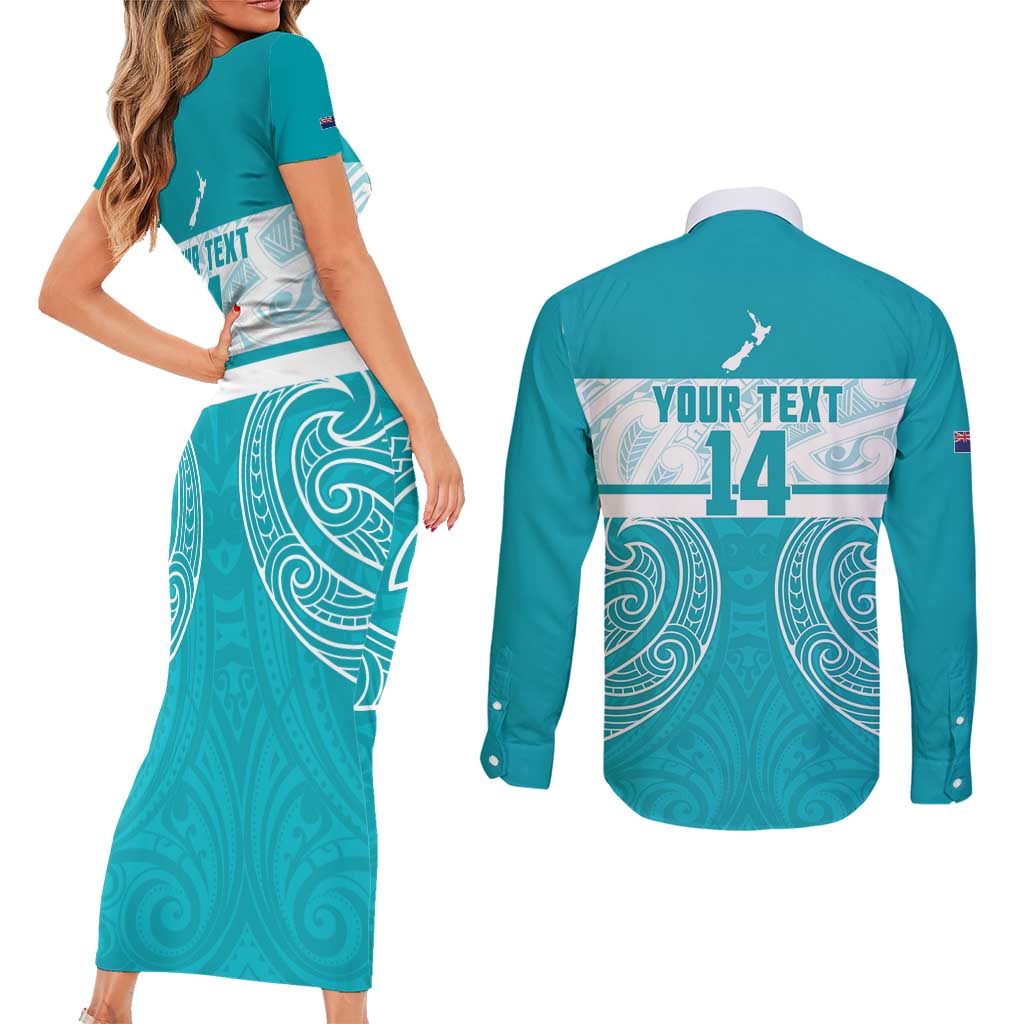 New Zealand Silver Fern Cricket Custom Couples Matching Short Sleeve Bodycon Dress and Long Sleeve Button Shirt Black Cap Teal Maori Pattern - Aussie Hoodie