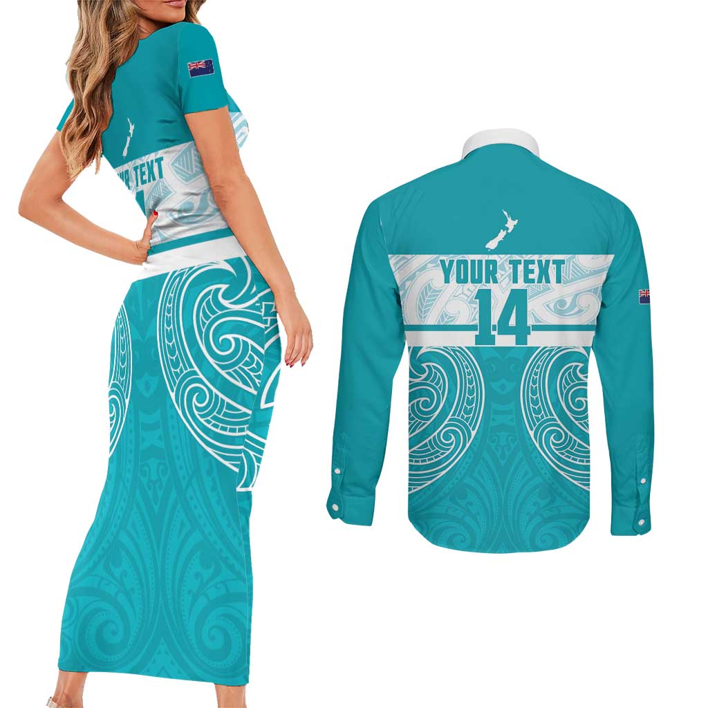 New Zealand Silver Fern Cricket Custom Couples Matching Short Sleeve Bodycon Dress and Long Sleeve Button Shirt Black Cap Teal Maori Pattern - Aussie Hoodie