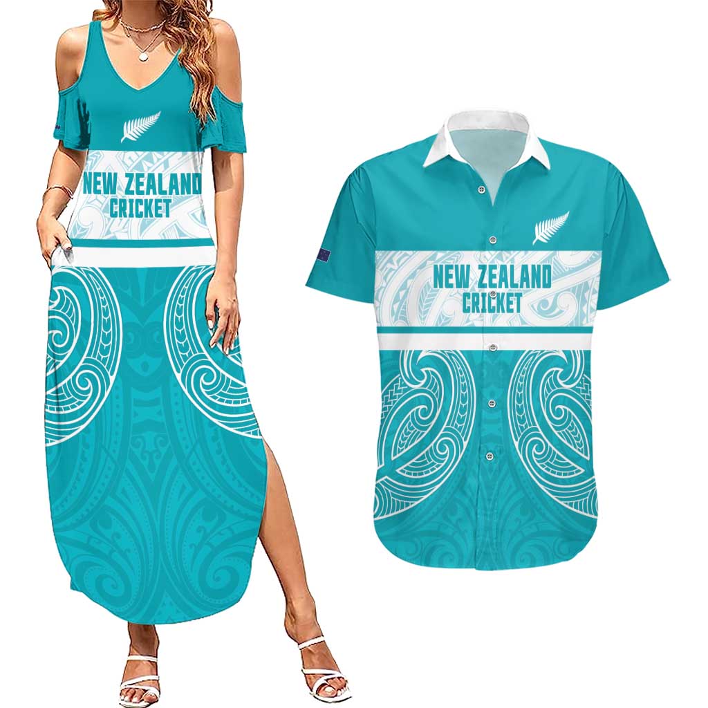 New Zealand Silver Fern Cricket Custom Couples Matching Summer Maxi Dress and Hawaiian Shirt Black Cap Teal Maori Pattern - Aussie Hoodie