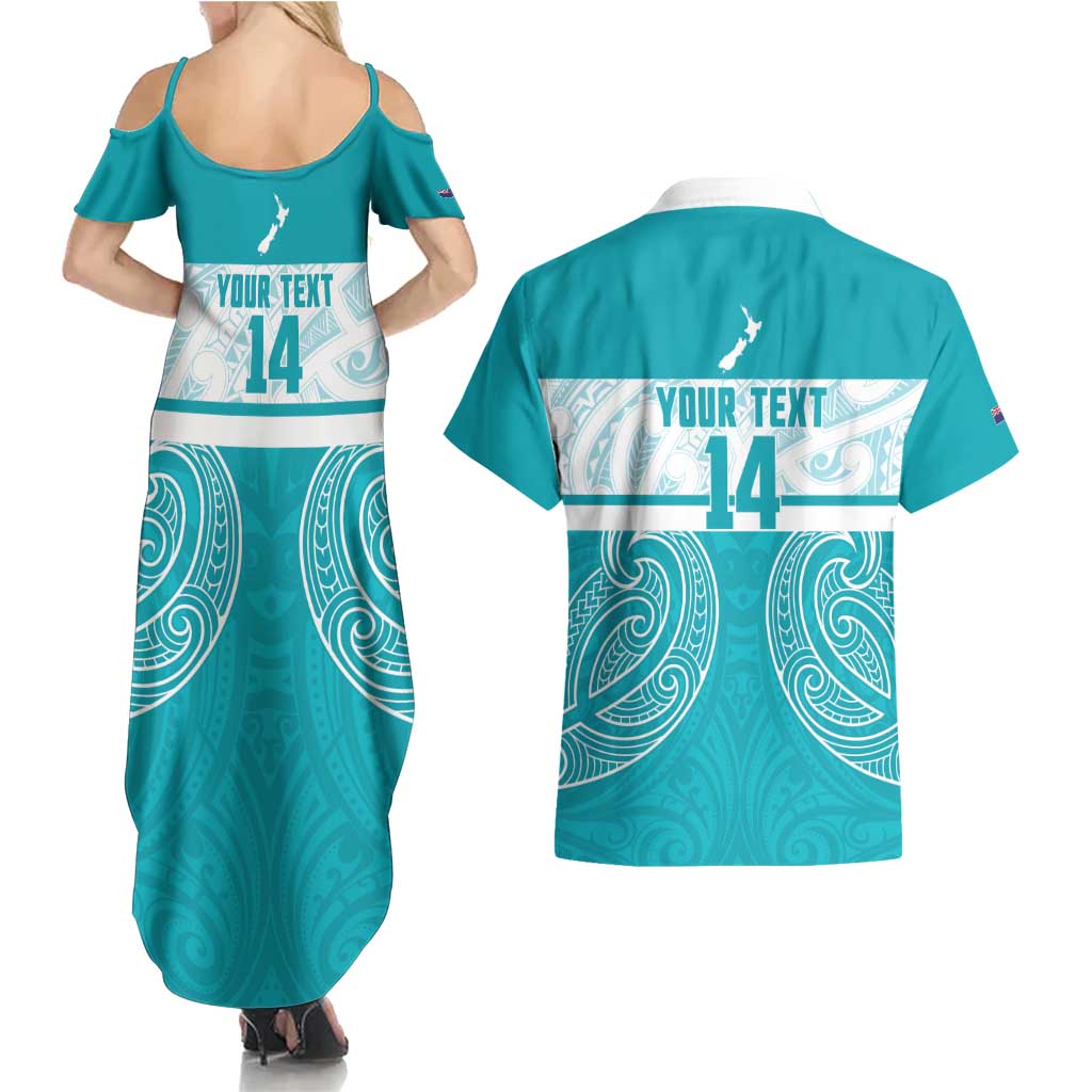 New Zealand Silver Fern Cricket Custom Couples Matching Summer Maxi Dress and Hawaiian Shirt Black Cap Teal Maori Pattern - Aussie Hoodie