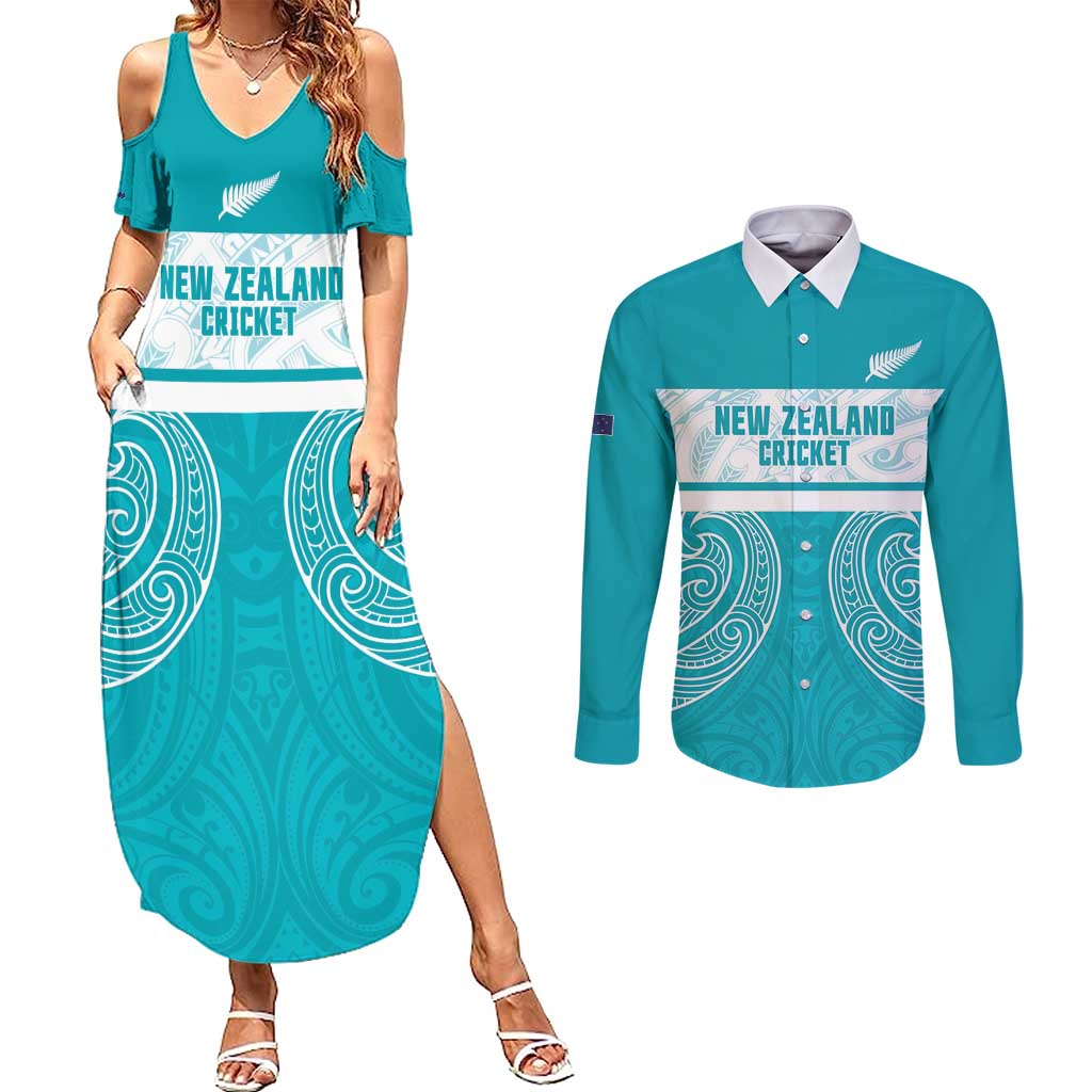 New Zealand Silver Fern Cricket Custom Couples Matching Summer Maxi Dress and Long Sleeve Button Shirt Black Cap Teal Maori Pattern - Aussie Hoodie