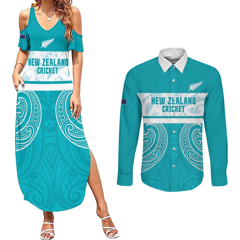 New Zealand Silver Fern Cricket Custom Couples Matching Summer Maxi Dress and Long Sleeve Button Shirt Black Cap Teal Maori Pattern - Aussie Hoodie