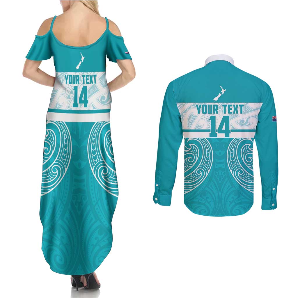 New Zealand Silver Fern Cricket Custom Couples Matching Summer Maxi Dress and Long Sleeve Button Shirt Black Cap Teal Maori Pattern - Aussie Hoodie